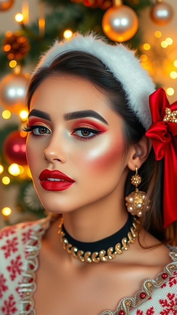 A festive Christmas makeup look with red lips and glittery eyes, set against a holiday-themed backdrop.
